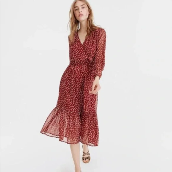 j crew red floral wrap dress J.Crew Mercantile Red Floral Faux Wrap Mini Dress Short Sleeve Ruffle Hem Size 2